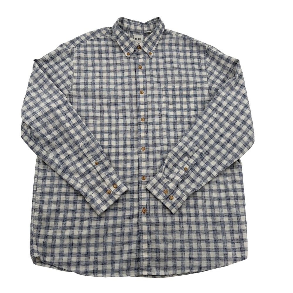 ROWM Blue White Plaid Button Down Shirt Long Sleeve Cotton Blend Pocket Mens XL